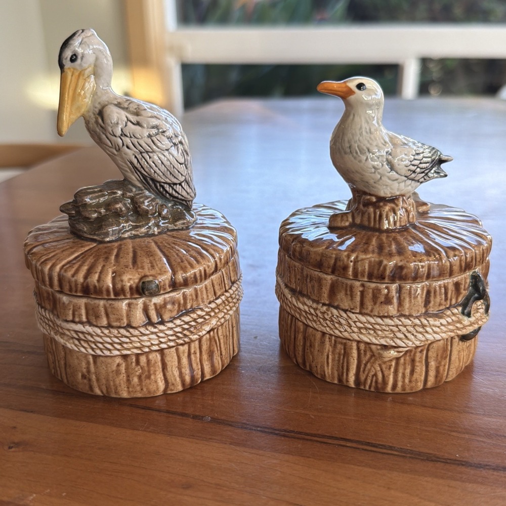 Vintage Coastal Ceramic‎ Seabird Trinket Boxes Pelican & Seagull Nautical Decor
